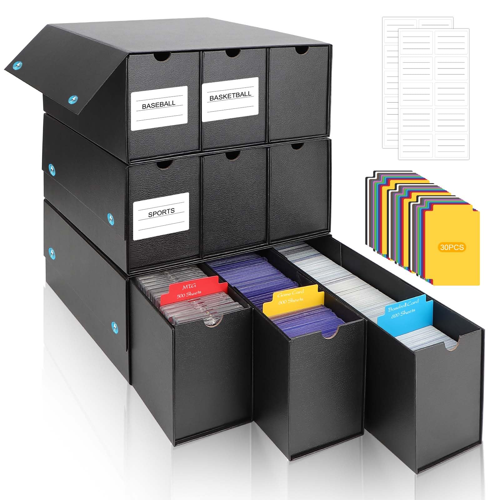 AOBOPLE Card Storage Box9000+ Trading Card BoxMagnet Leather Paper Trading Card Storage with 50 Card Dividers and Labels for Sport CardsYugiOhMTGTCGPTG
